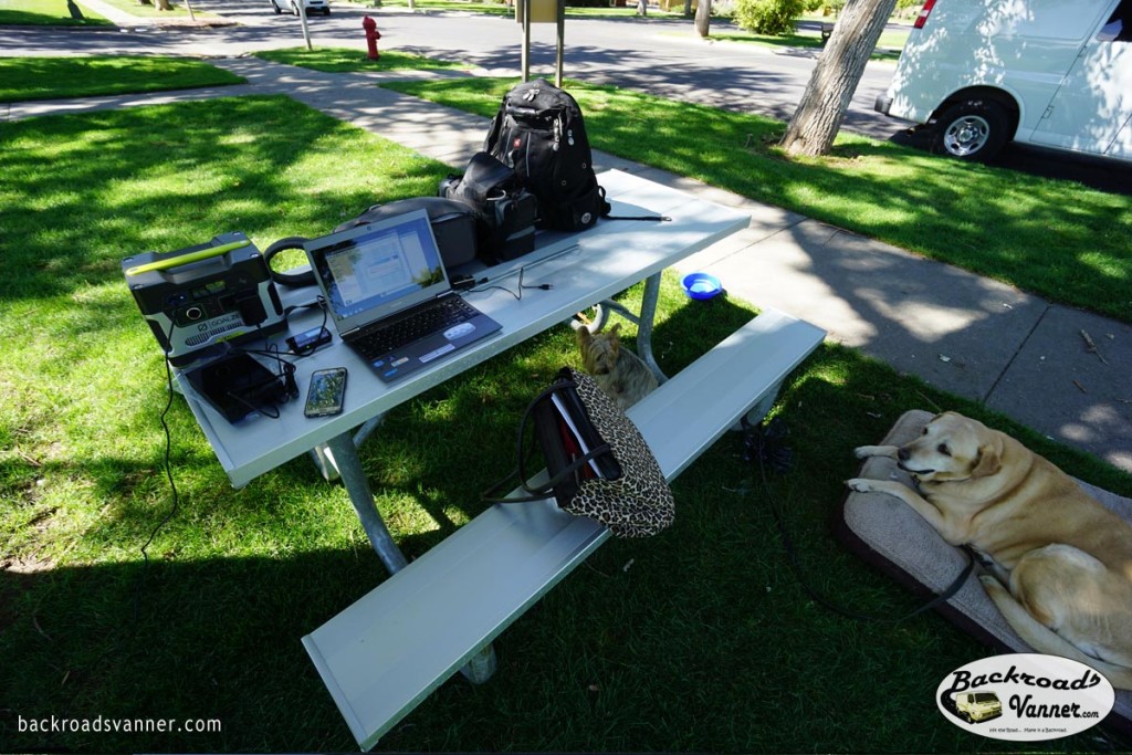 Our Solar Mobile Off-Grid Office Set-Up in Thermopolis, WY @ Hot Springs State Park | Photo by BackroadsVanner.com