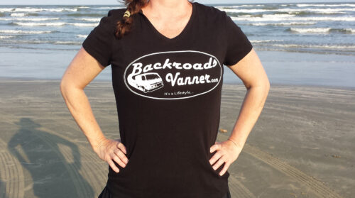 Women's Black V-Neck T-Shirt with Vintage Backroads Vanner Logo