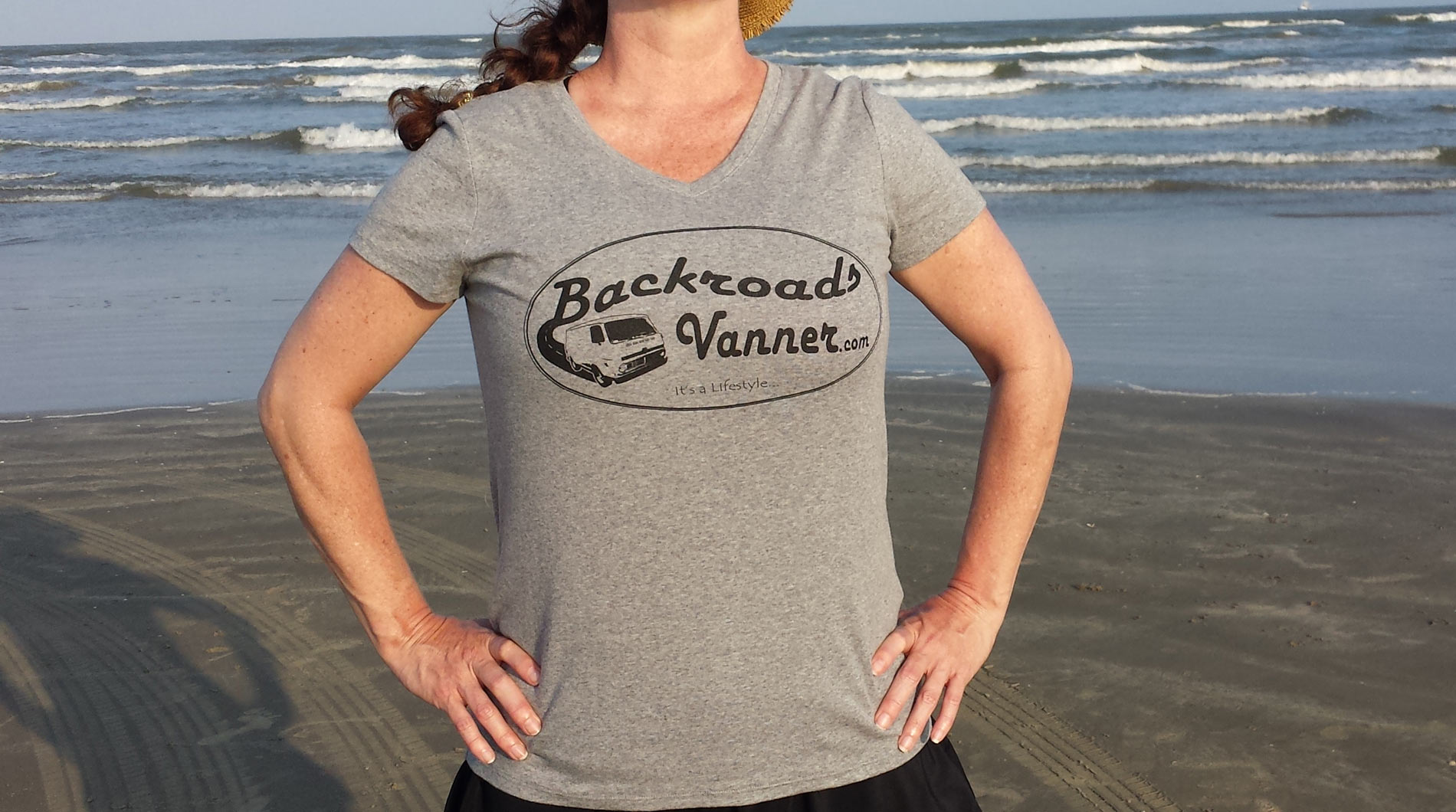 Women's Grey/Black V-Neck T-Shirt with Vintage Backroads Vanner Logo